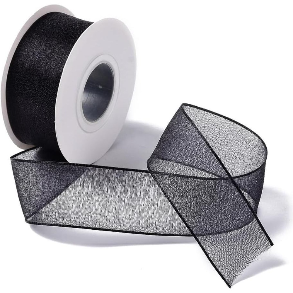 Organza Ribbon Spool - 1인치 블랙 오간자 리본 와이어드 시어