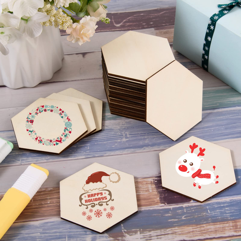 Embellish Craft - 5cm 나무 육각형 블랭크 슬라이스, 마감되지